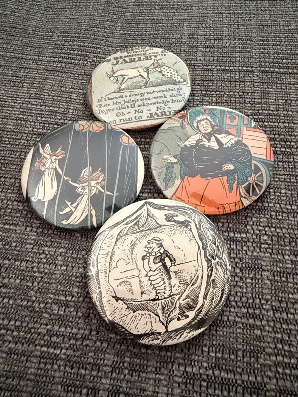 Set of 4 Vintage-Style Illustrated Pinback Buttons - Multicolor